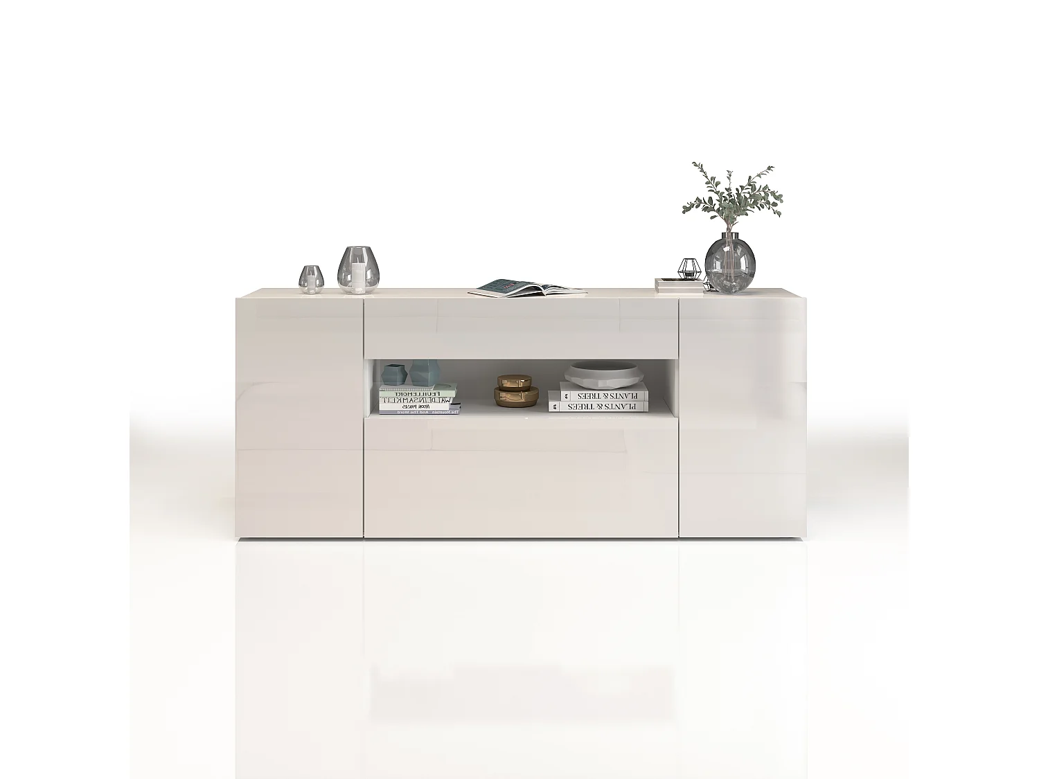 Aparador Potenza con 2 puertas, 1 puerta abatible y 1 cajón blanco brillo 180x40x80 cm