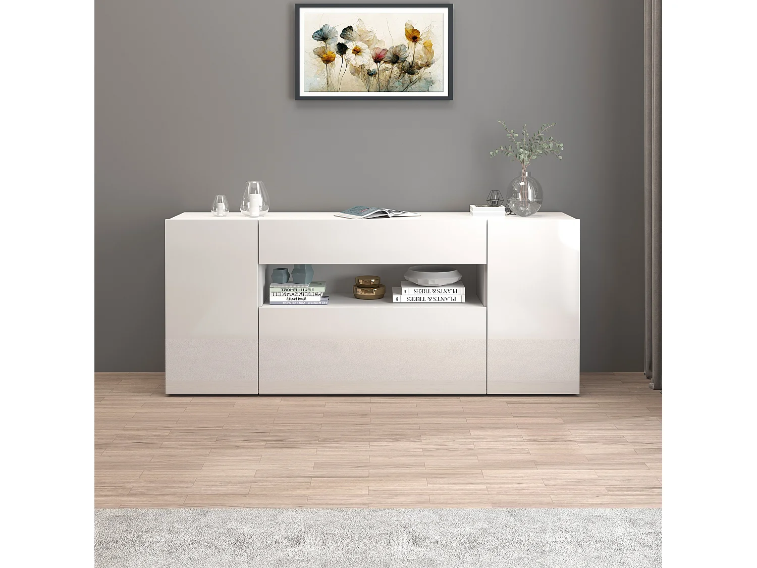 Aparador Potenza con 2 puertas, 1 puerta abatible y 1 cajón blanco brillo 180x40x80 cm