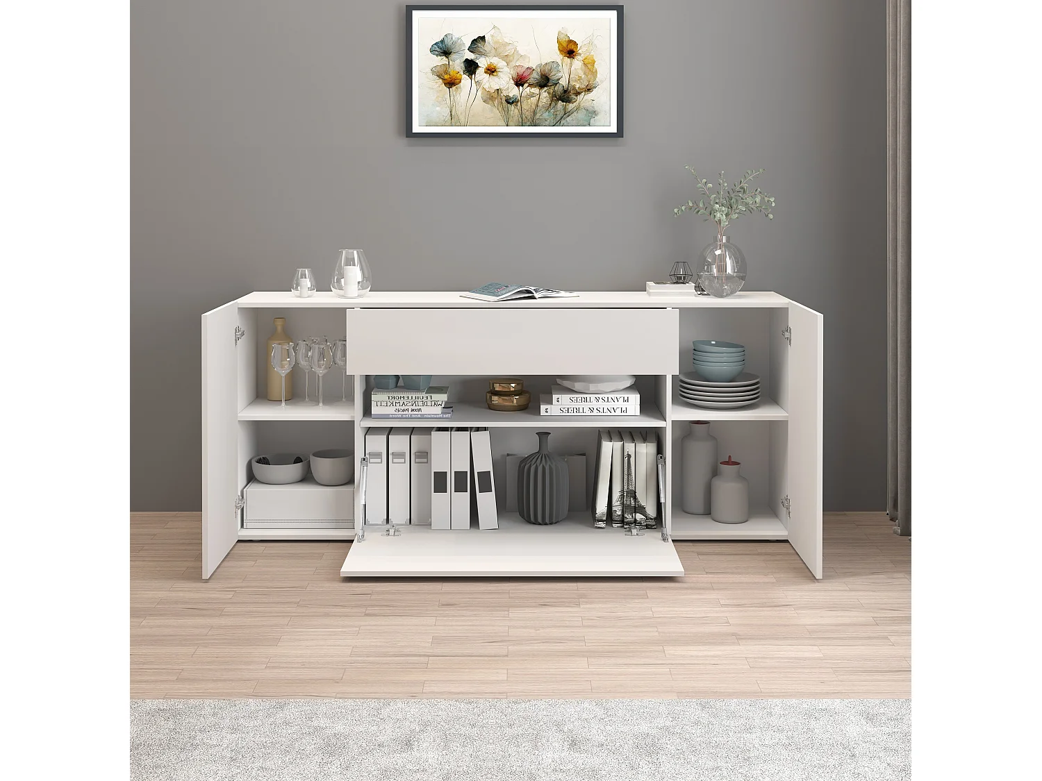 Aparador Potenza con 2 puertas, 1 puerta abatible y 1 cajón blanco brillo 180x40x80 cm