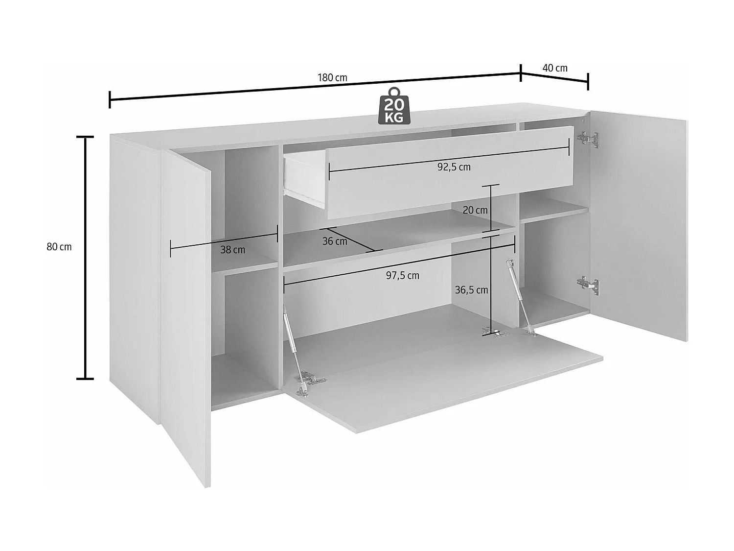 Aparador Potenza con 2 puertas, 1 puerta abatible y 1 cajón blanco brillo 180x40x80 cm