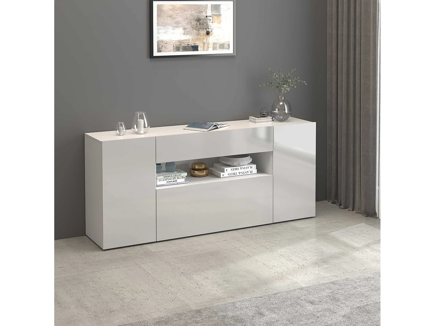 Aparador Potenza con 2 puertas, 1 puerta abatible y 1 cajón blanco brillo 180x40x80 cm