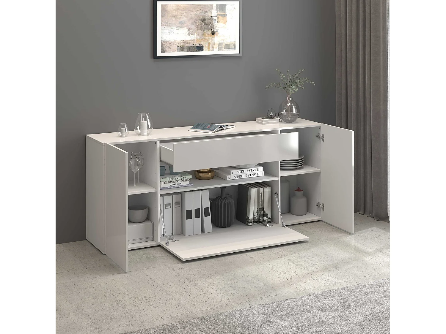 Aparador Potenza con 2 puertas, 1 puerta abatible y 1 cajón blanco brillo 180x40x80 cm