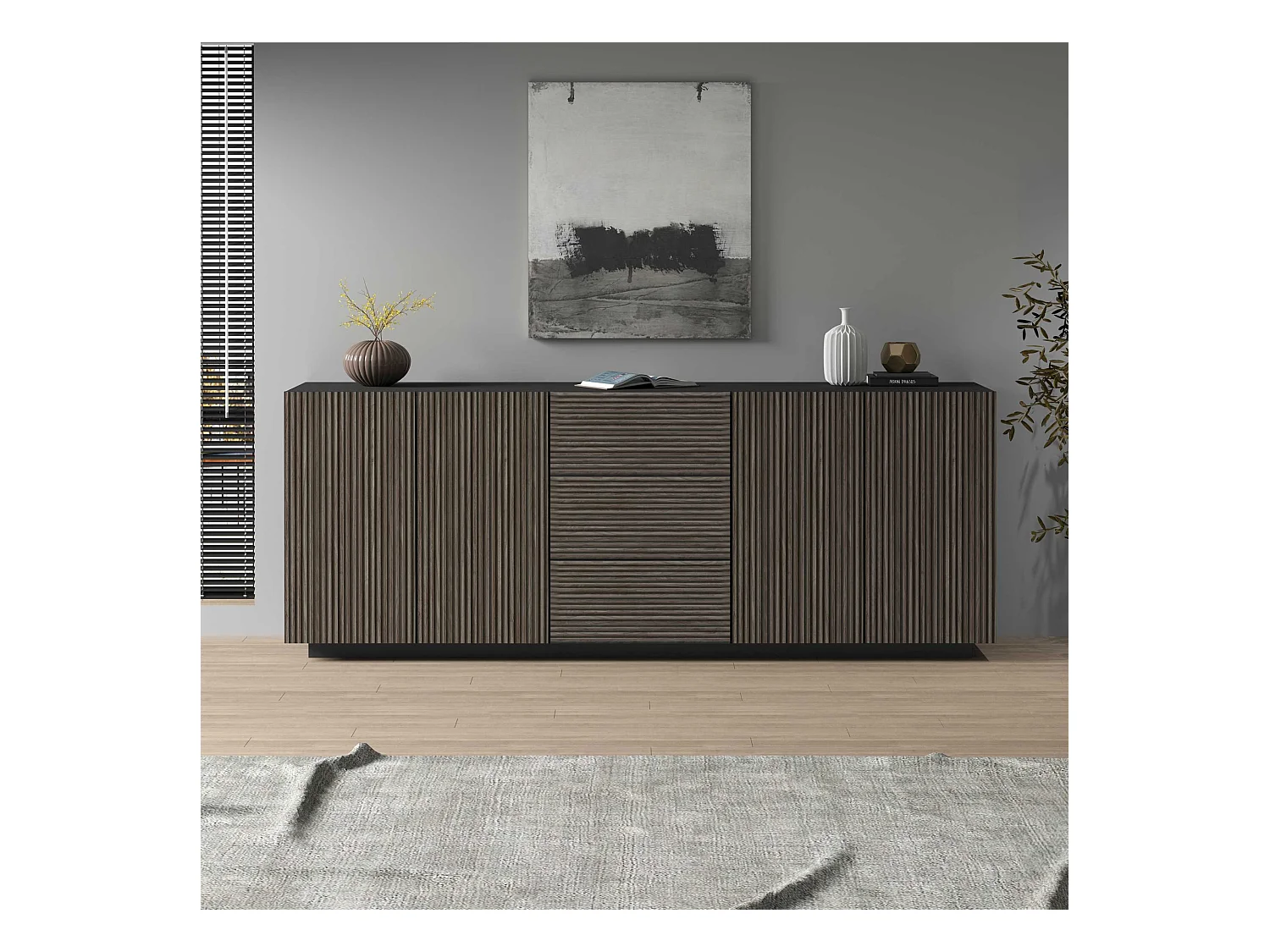 Credenza Coste a 4 ante e 3 cassetti antracite opaco e legno scuro 220,1x43x86 cm