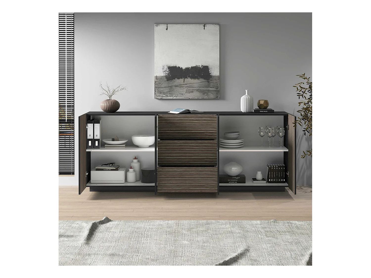 Credenza Coste a 4 ante e 3 cassetti antracite opaco e legno scuro 220,1x43x86 cm