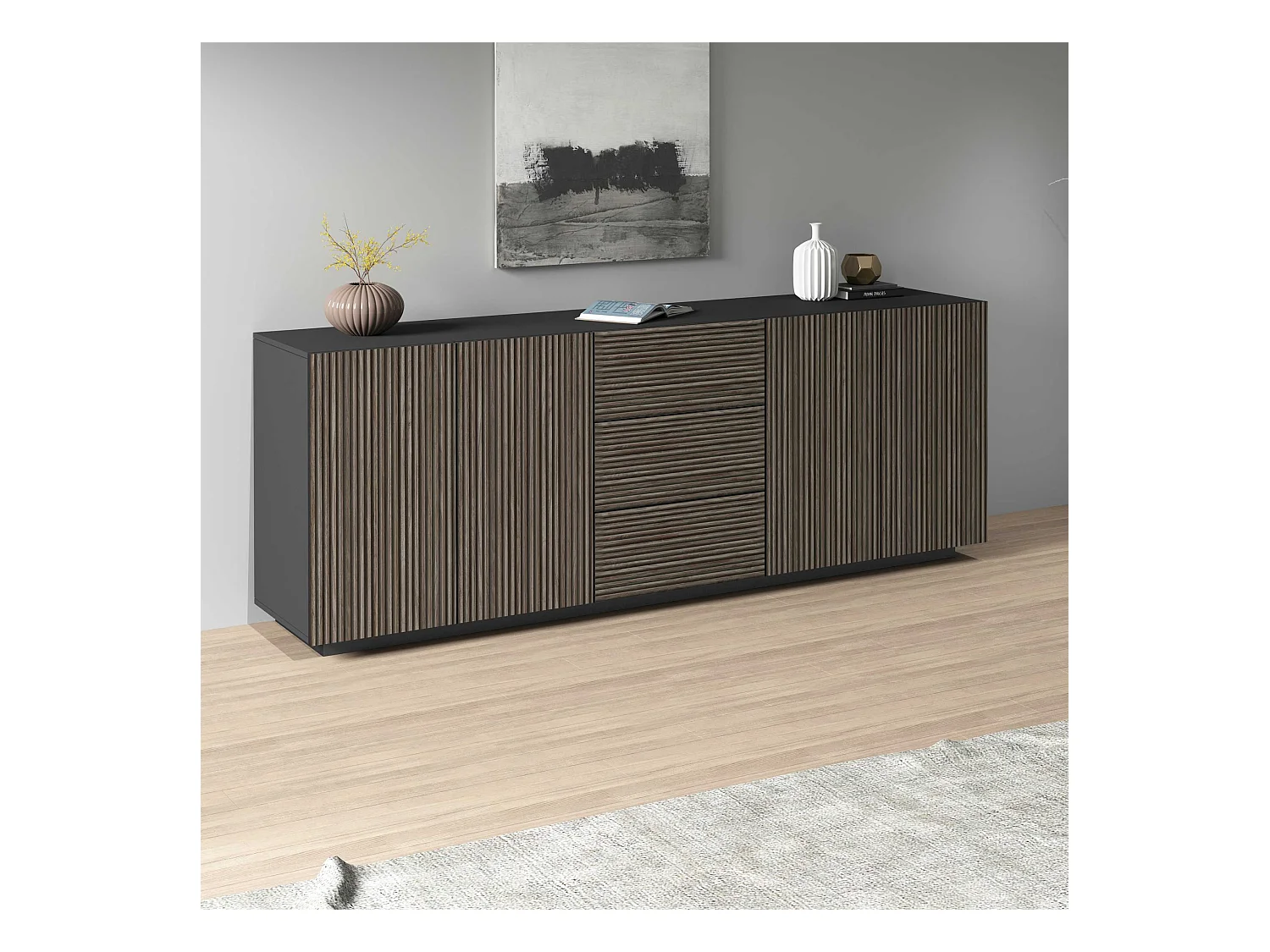 Credenza Coste a 4 ante e 3 cassetti antracite opaco e legno scuro 220,1x43x86 cm