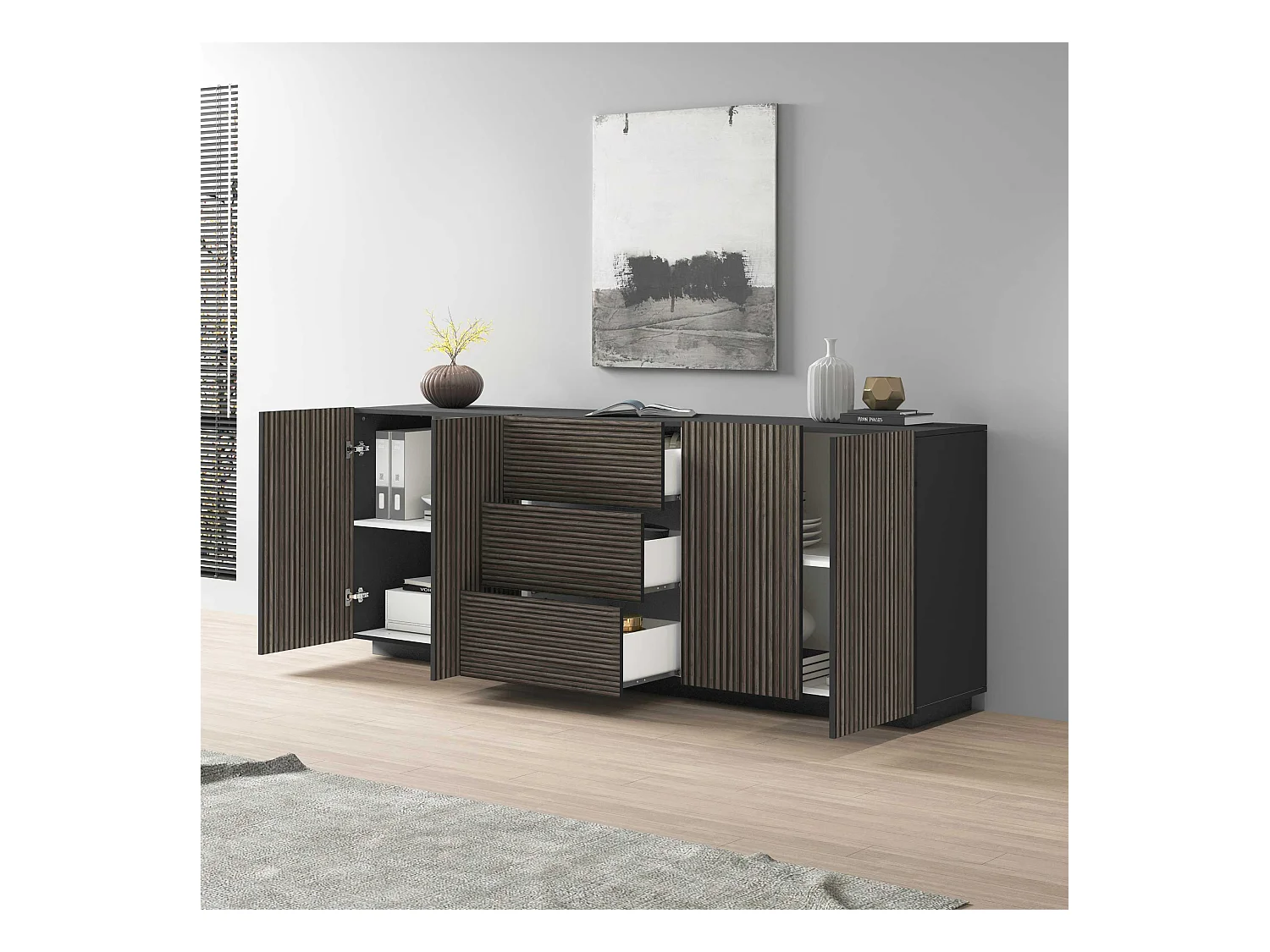 Credenza Coste a 4 ante e 3 cassetti antracite opaco e legno scuro 220,1x43x86 cm