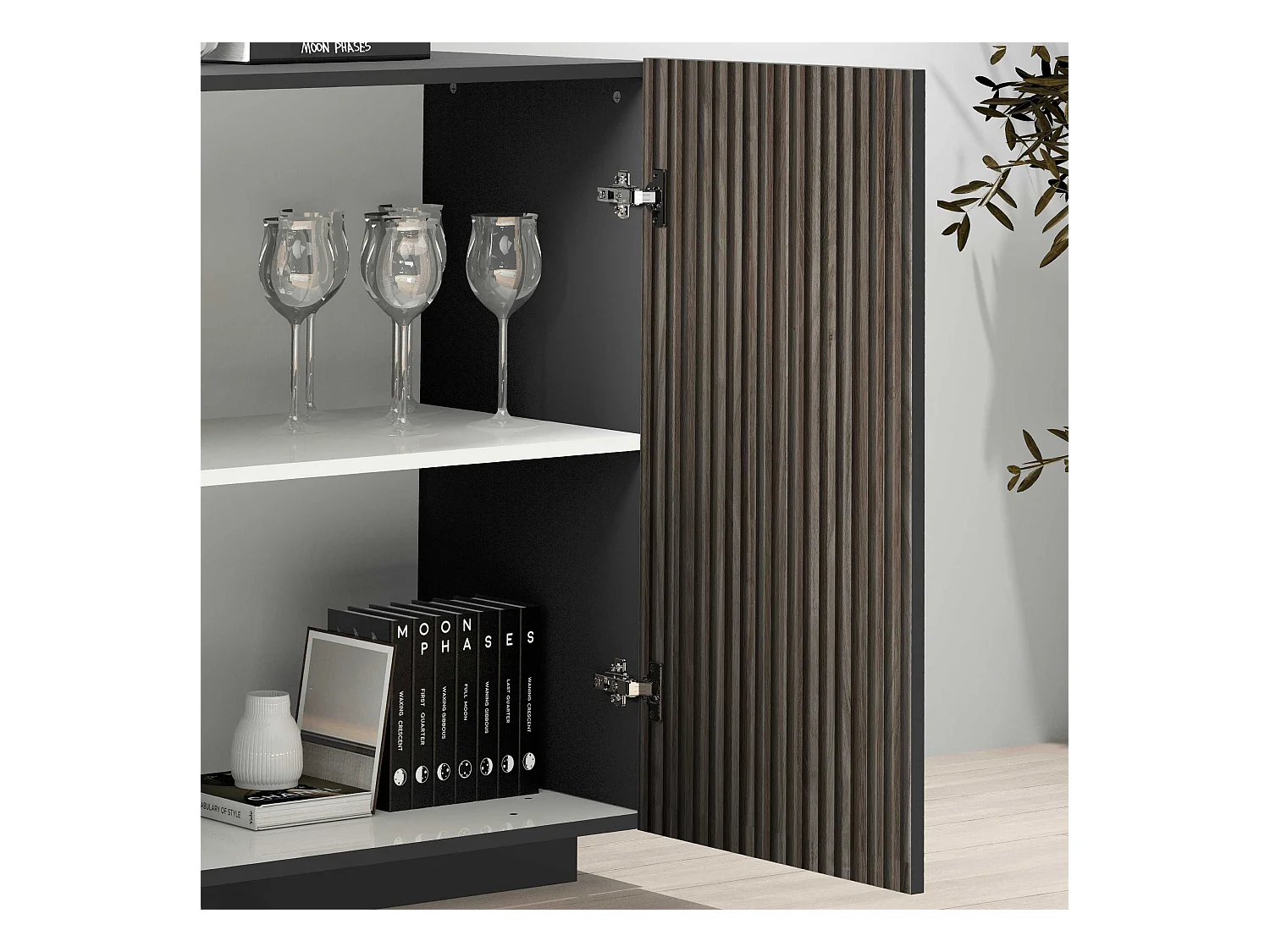 Credenza Coste a 4 ante e 3 cassetti antracite opaco e legno scuro 220,1x43x86 cm