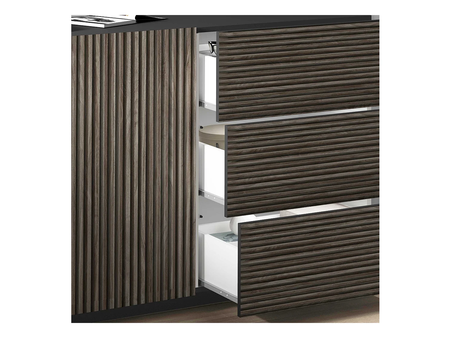 Credenza Coste a 4 ante e 3 cassetti antracite opaco e legno scuro 220,1x43x86 cm