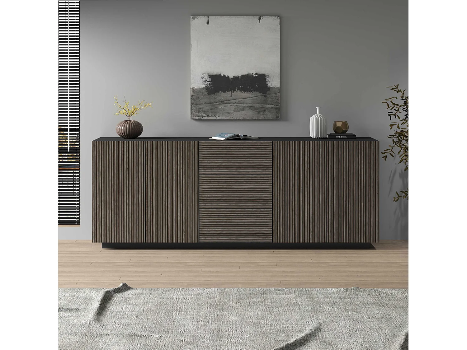 Credenza Coste a 4 ante e 3 cassetti antracite opaco e legno scuro 220,1x43x86 cm