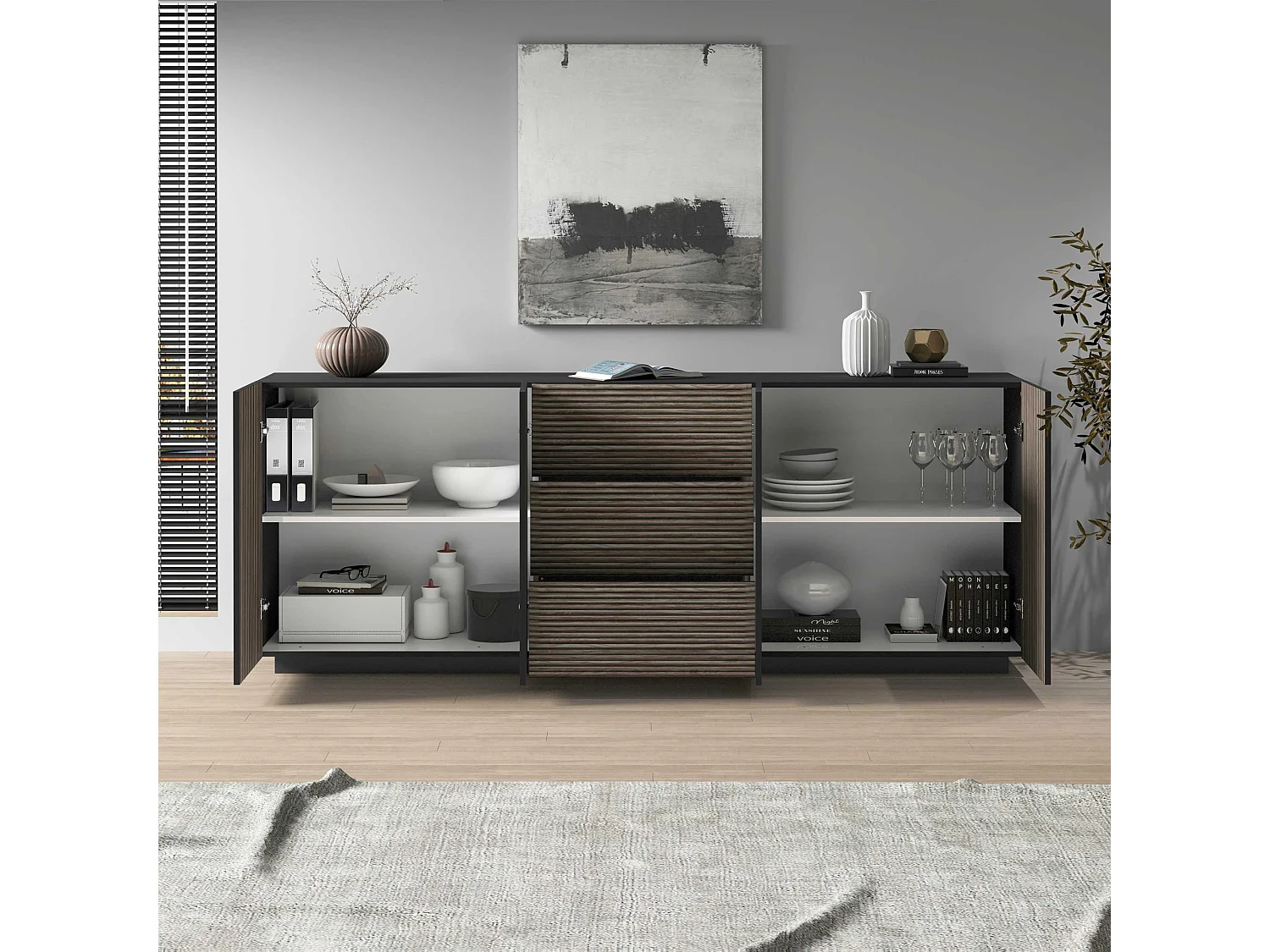 Credenza Coste a 4 ante e 3 cassetti antracite opaco e legno scuro 220,1x43x86 cm
