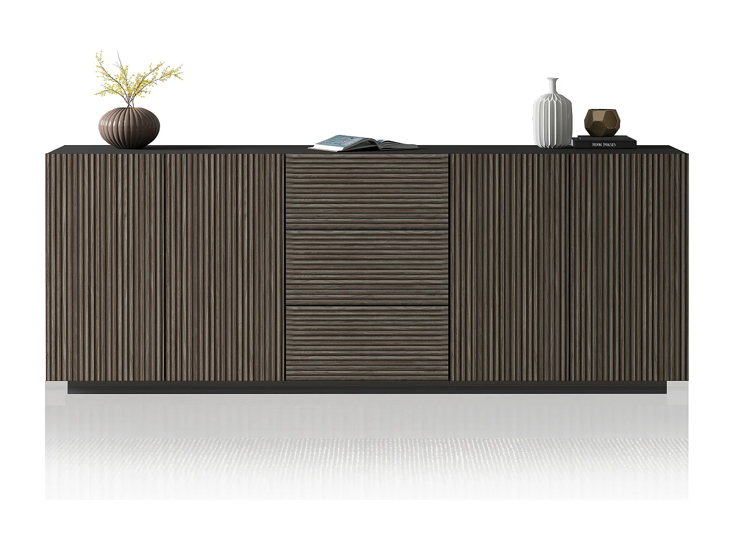 Buffet Coste avec 4 portes et 3 tiroirs effet cannelé couleur anthracite mat et bois foncé 220,1x43x86 cm