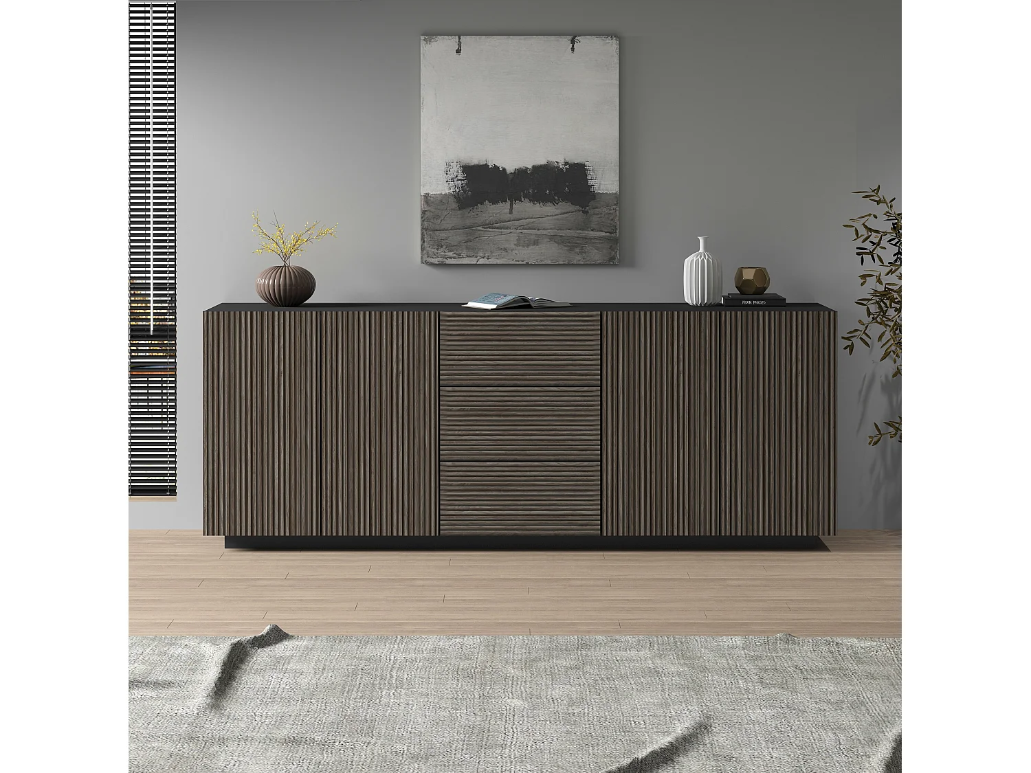 Buffet Coste avec 4 portes et 3 tiroirs effet cannelé couleur anthracite mat et bois foncé 220,1x43x86 cm