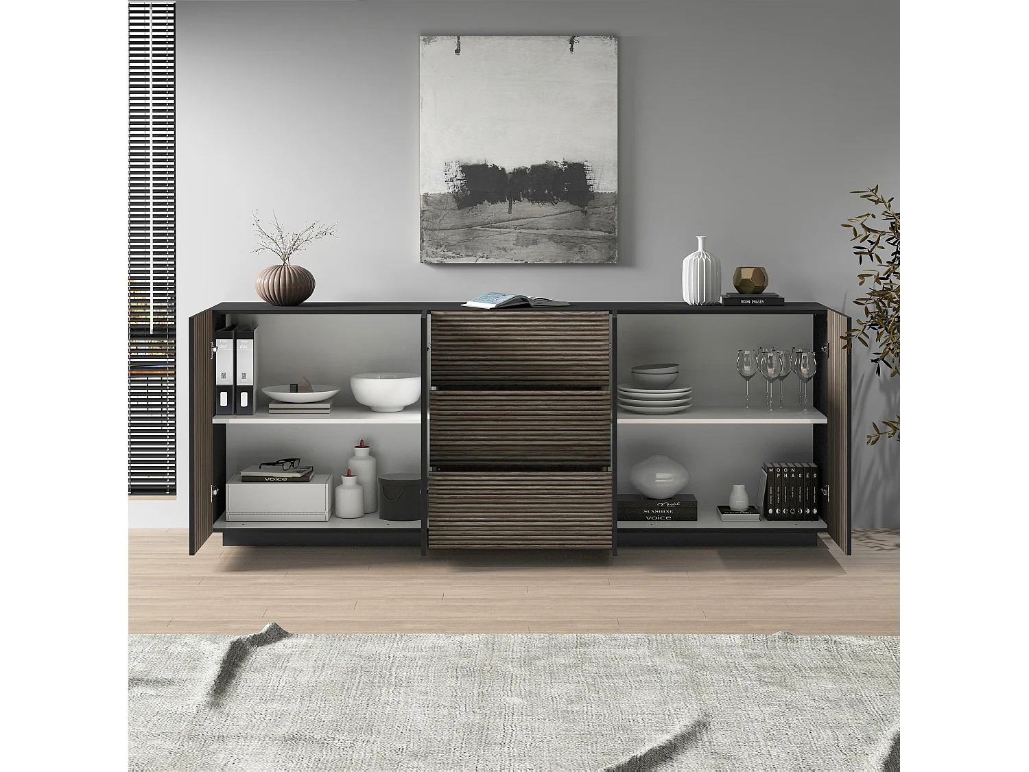 Buffet Coste avec 4 portes et 3 tiroirs effet cannelé couleur anthracite mat et bois foncé 220,1x43x86 cm