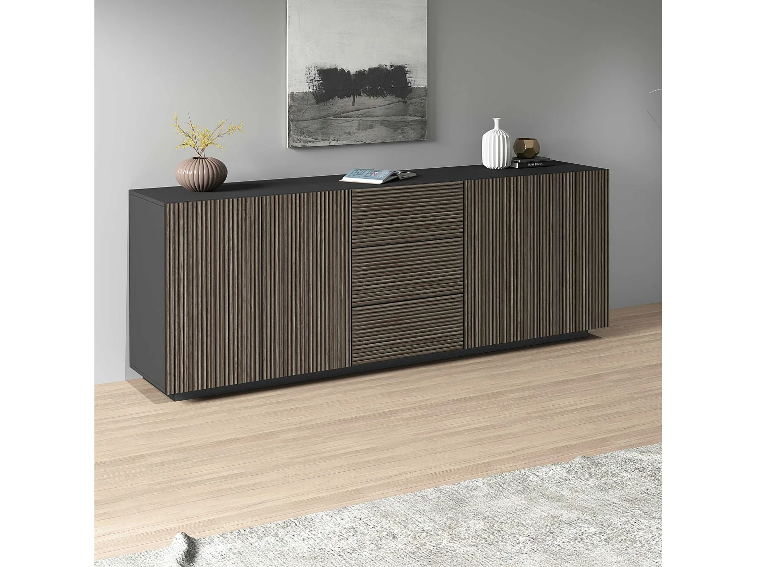 Buffet Coste avec 4 portes et 3 tiroirs effet cannelé couleur anthracite mat et bois foncé 220,1x43x86 cm