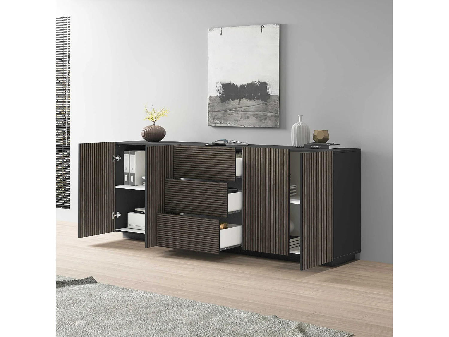 Buffet Coste avec 4 portes et 3 tiroirs effet cannelé couleur anthracite mat et bois foncé 220,1x43x86 cm