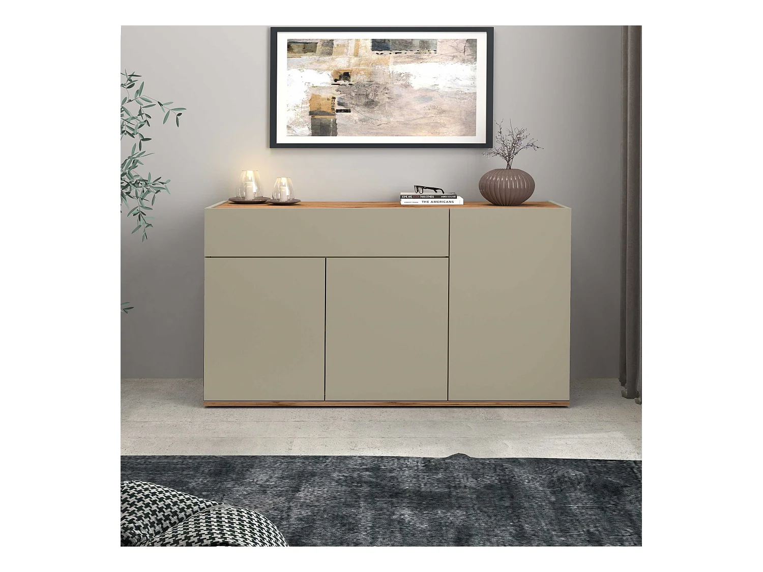 Credenza Garda 3 ante e 1 cassetto tortora opaco e rovere 120,1x35x70 cm