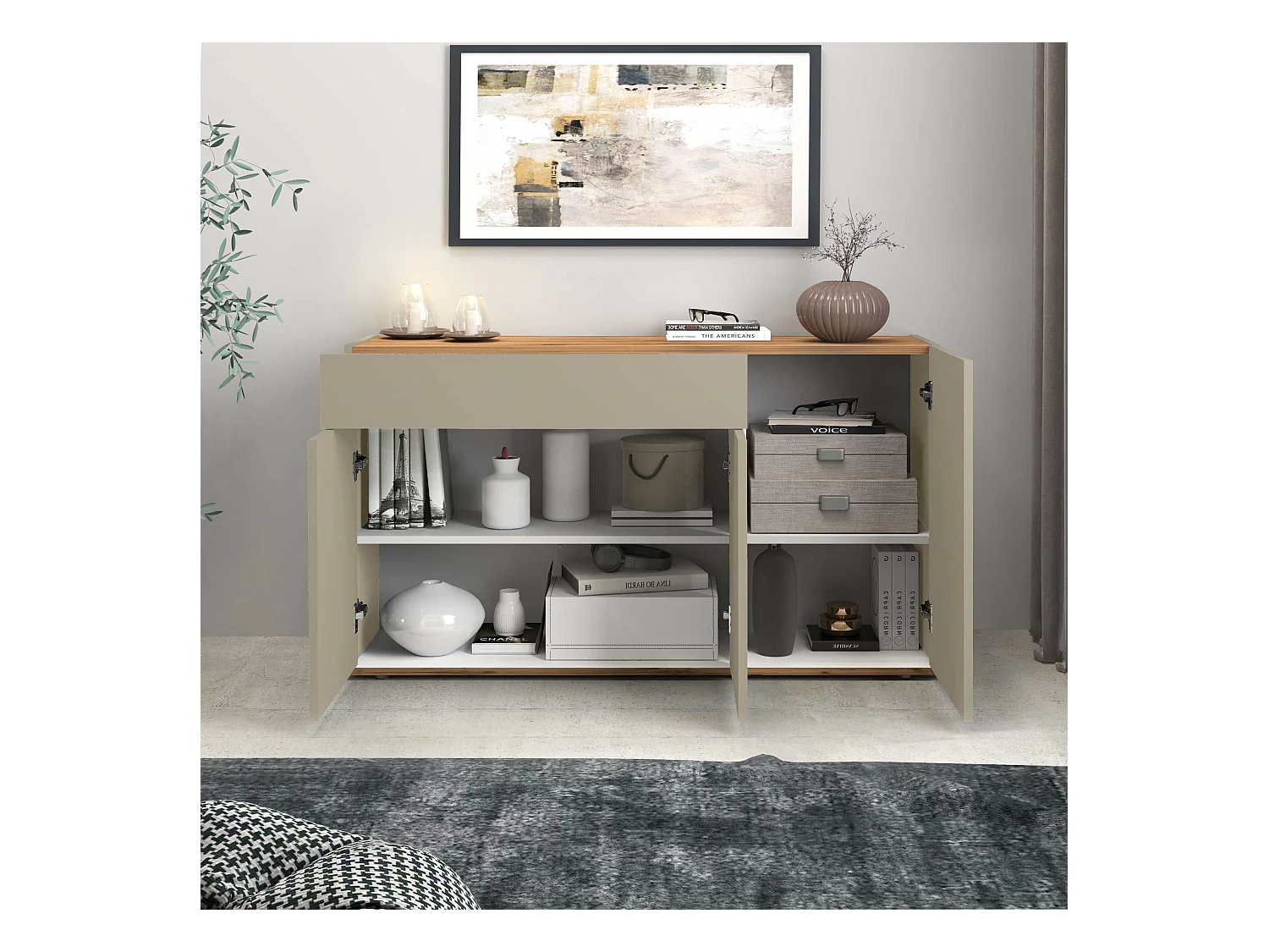 Credenza Garda 3 ante e 1 cassetto tortora opaco e rovere 120,1x35x70 cm