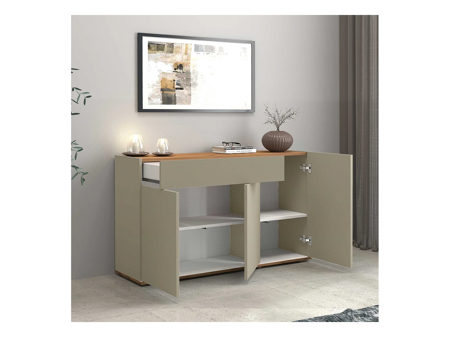 Credenza Garda 3 ante e 1 cassetto tortora opaco e rovere 120,1x35x70 cm