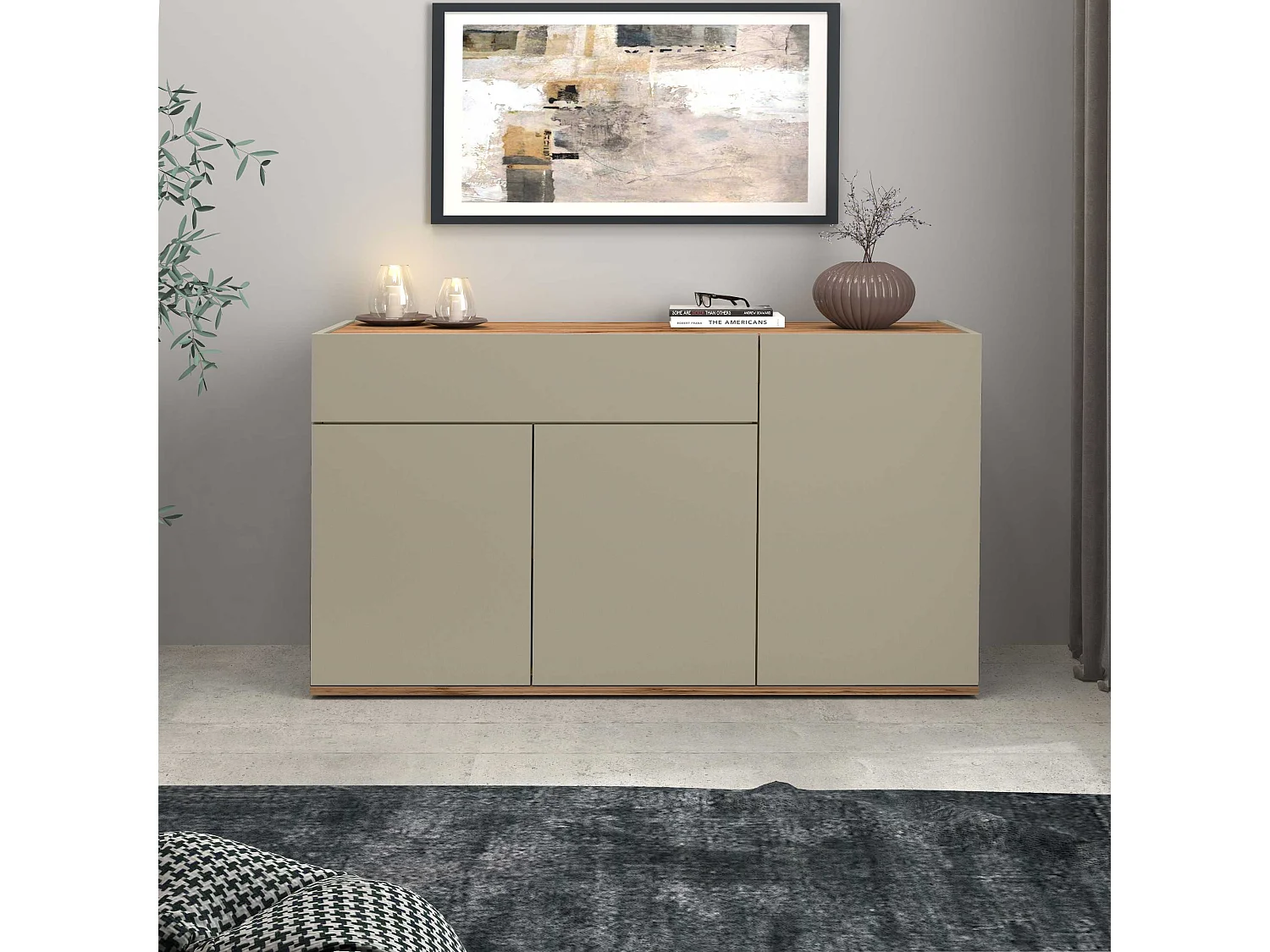 Credenza Garda 3 ante e 1 cassetto tortora opaco e rovere 120,1x35x70 cm