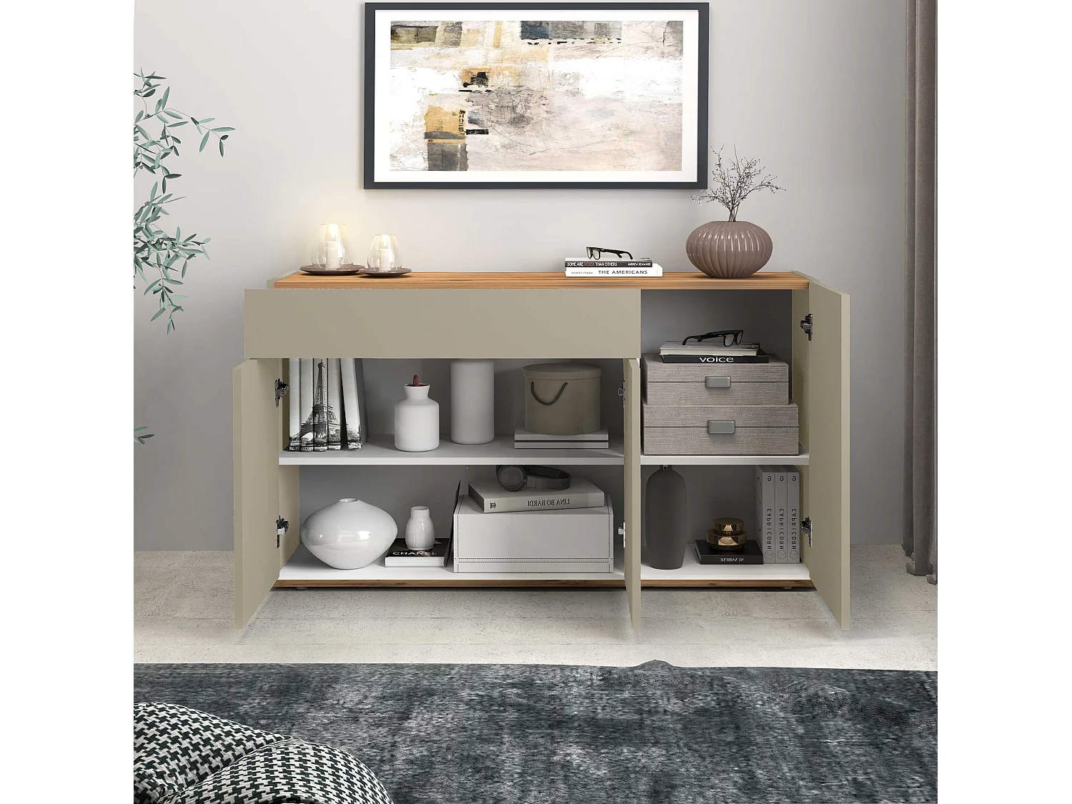 Credenza Garda 3 ante e 1 cassetto tortora opaco e rovere 120,1x35x70 cm