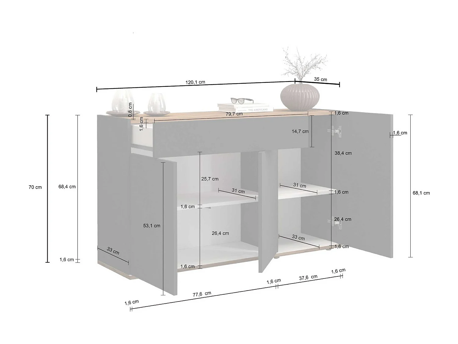 Credenza Garda 3 ante e 1 cassetto tortora opaco e rovere 120,1x35x70 cm
