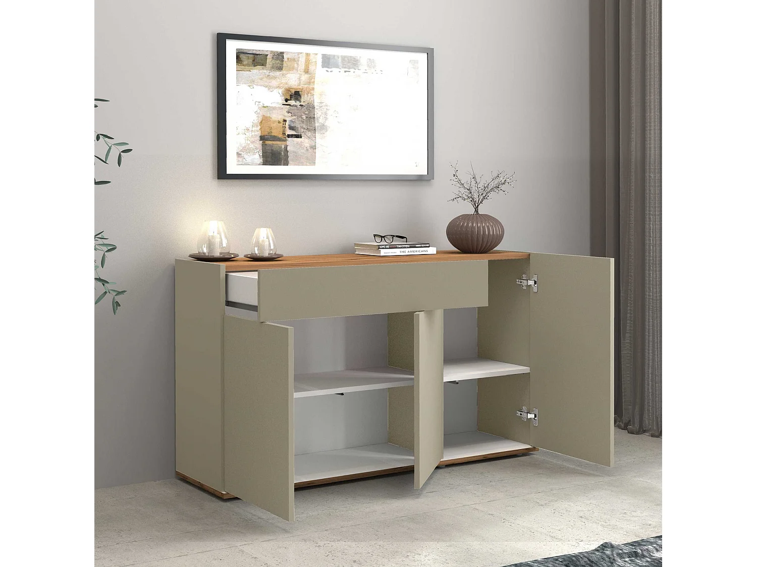 Credenza Garda 3 ante e 1 cassetto tortora opaco e rovere 120,1x35x70 cm