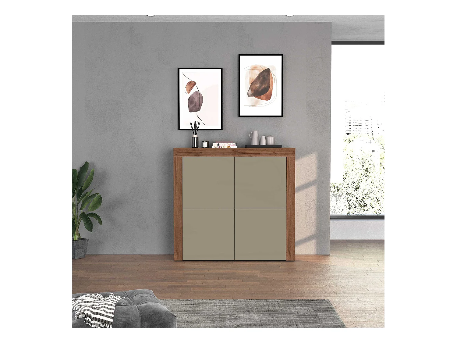 Madia Chronos a 4 ante tortora opaco e rovere 140x40x130 cm