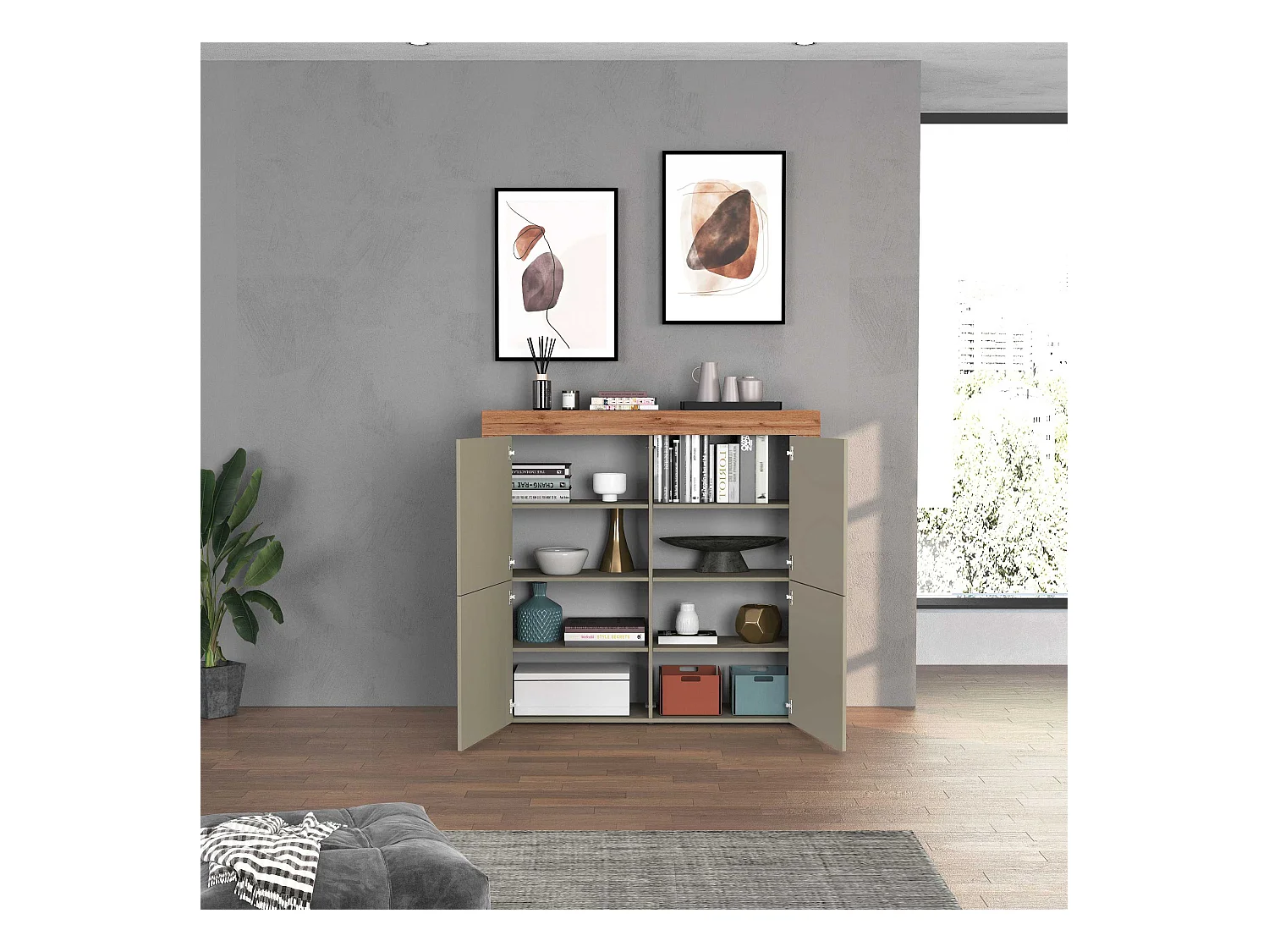 Madia Chronos a 4 ante tortora opaco e rovere 140x40x130 cm