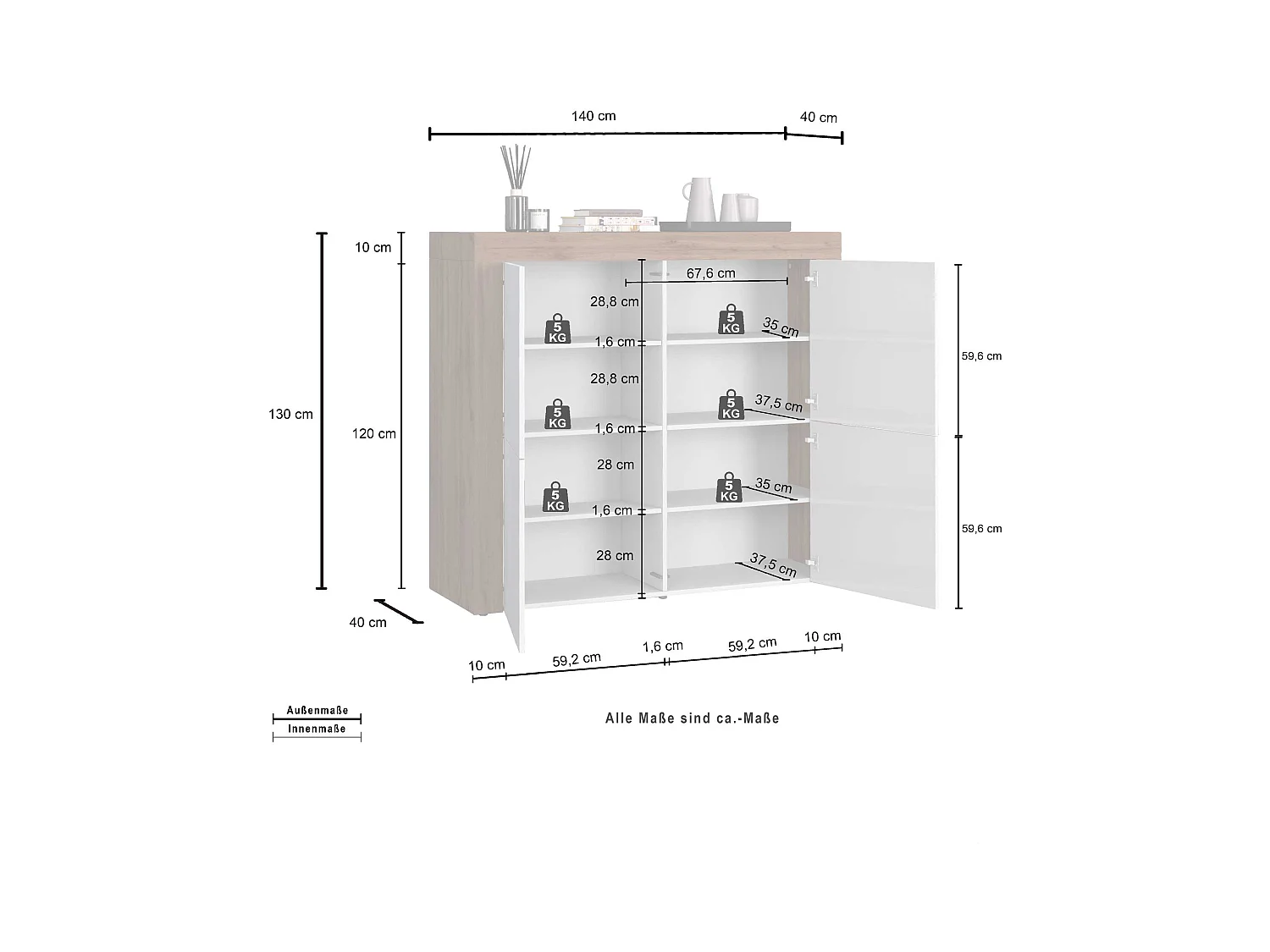 Madia Chronos a 4 ante tortora opaco e rovere 140x40x130 cm