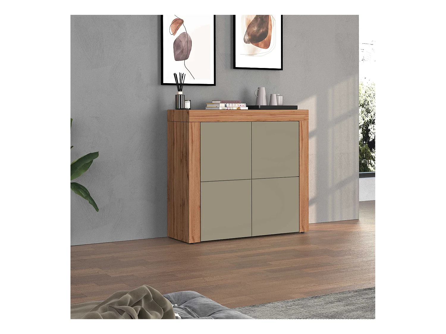 Madia Chronos a 4 ante tortora opaco e rovere 140x40x130 cm