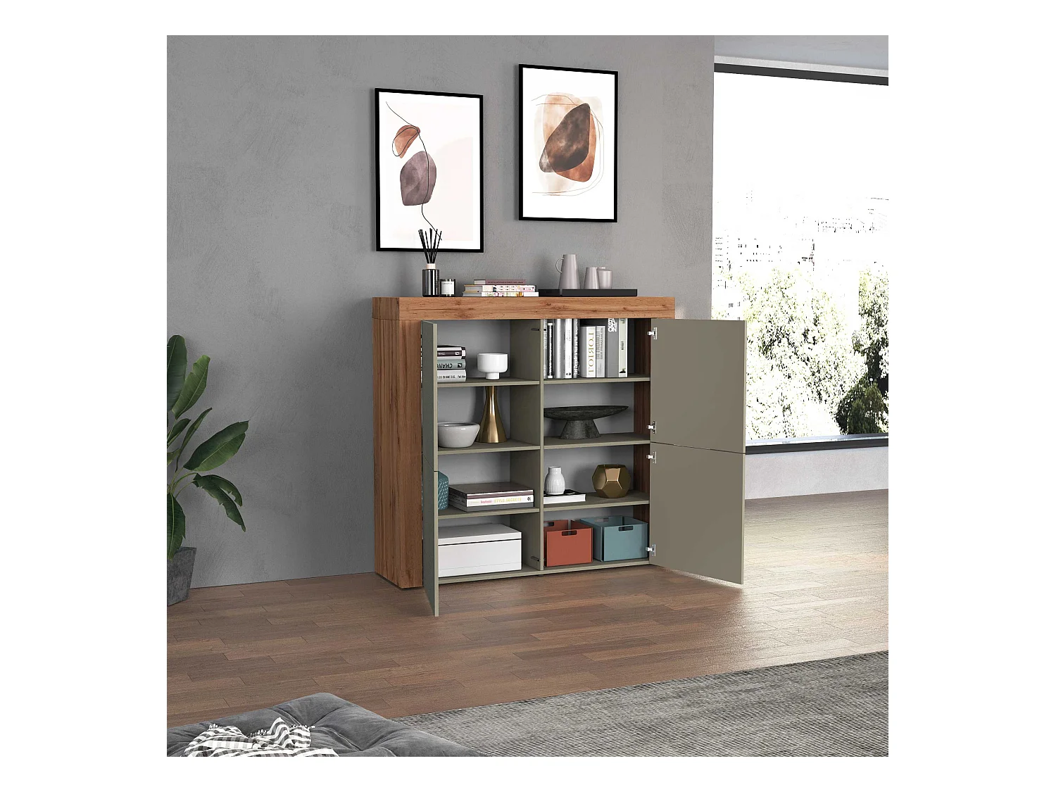 Madia Chronos a 4 ante tortora opaco e rovere 140x40x130 cm