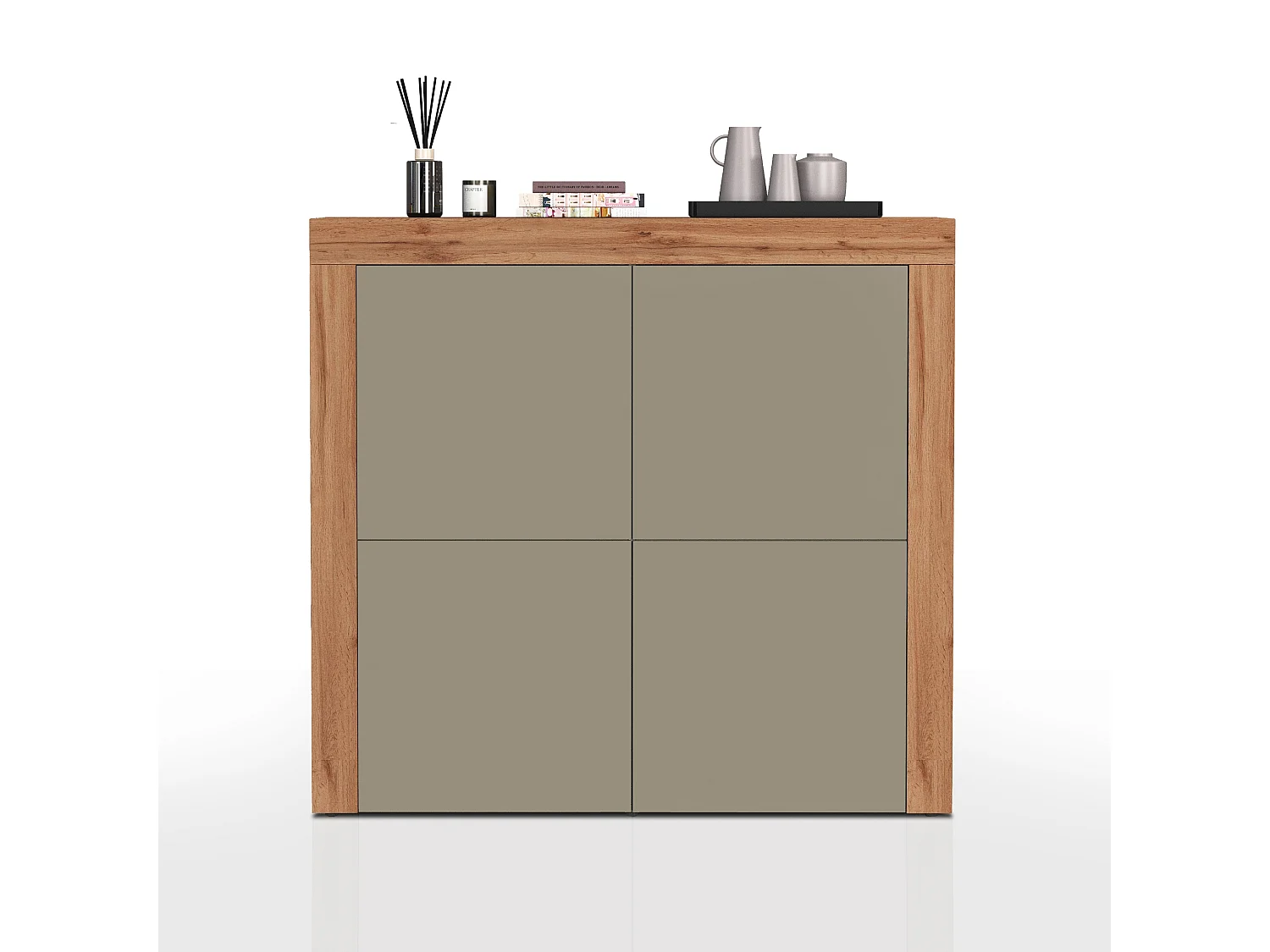 Aparador Chronos con 4 puertas en color topo mate y roble 140x40x130 cm