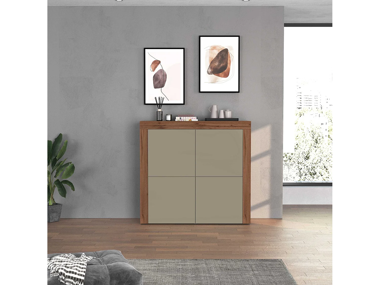 Aparador Chronos con 4 puertas en color topo mate y roble 140x40x130 cm