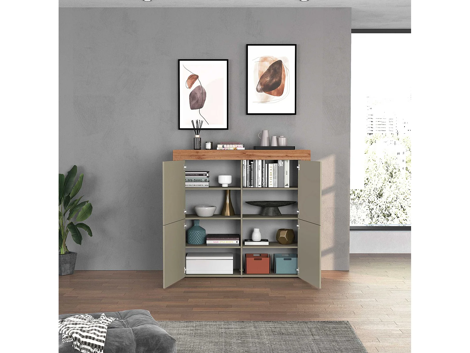 Aparador Chronos con 4 puertas en color topo mate y roble 140x40x130 cm