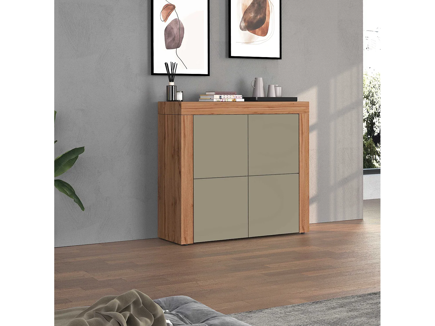 Aparador Chronos con 4 puertas en color topo mate y roble 140x40x130 cm