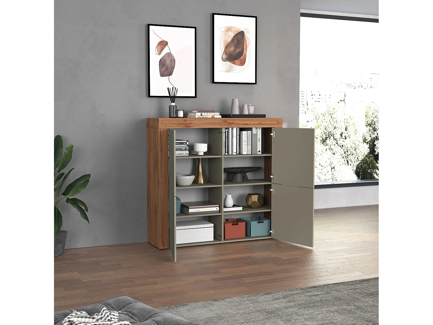 Aparador Chronos con 4 puertas en color topo mate y roble 140x40x130 cm