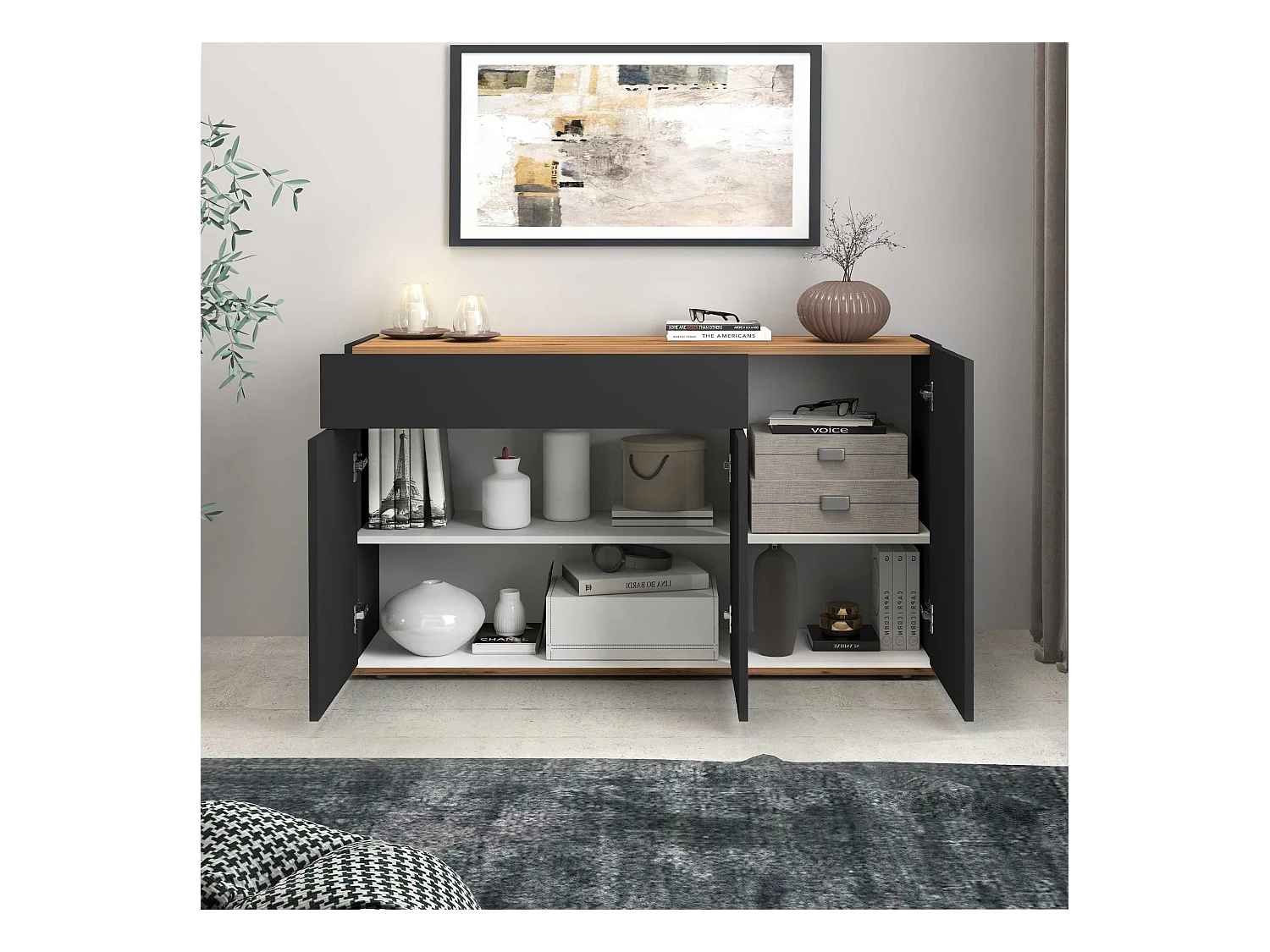 Credenza Garda 3 ante e 1 cassetto antracite opaco e rovere 120,1x35x70 cm