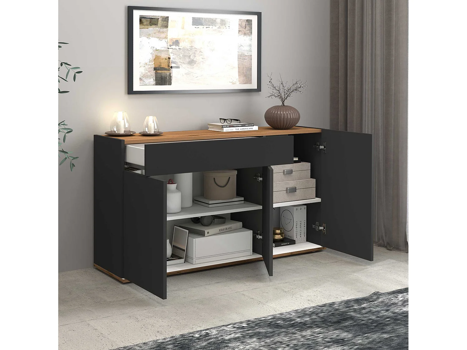 Credenza Garda 3 ante e 1 cassetto antracite opaco e rovere 120,1x35x70 cm