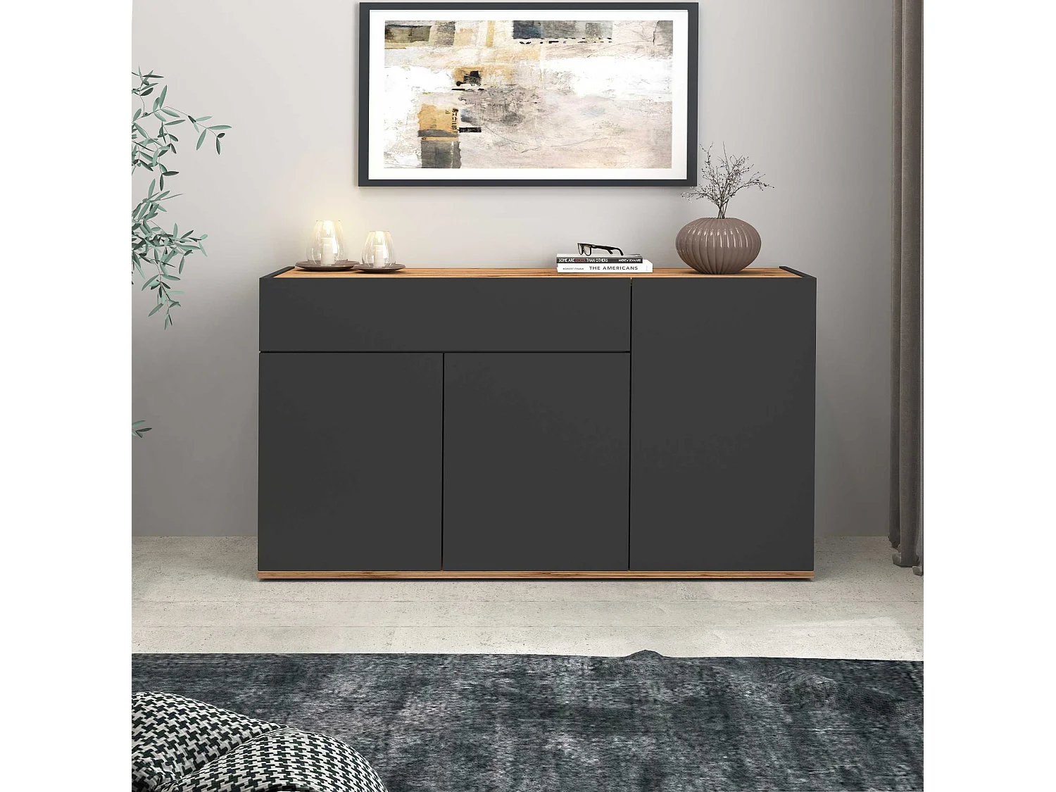 Credenza Garda 3 ante e 1 cassetto antracite opaco e rovere 120,1x35x70 cm