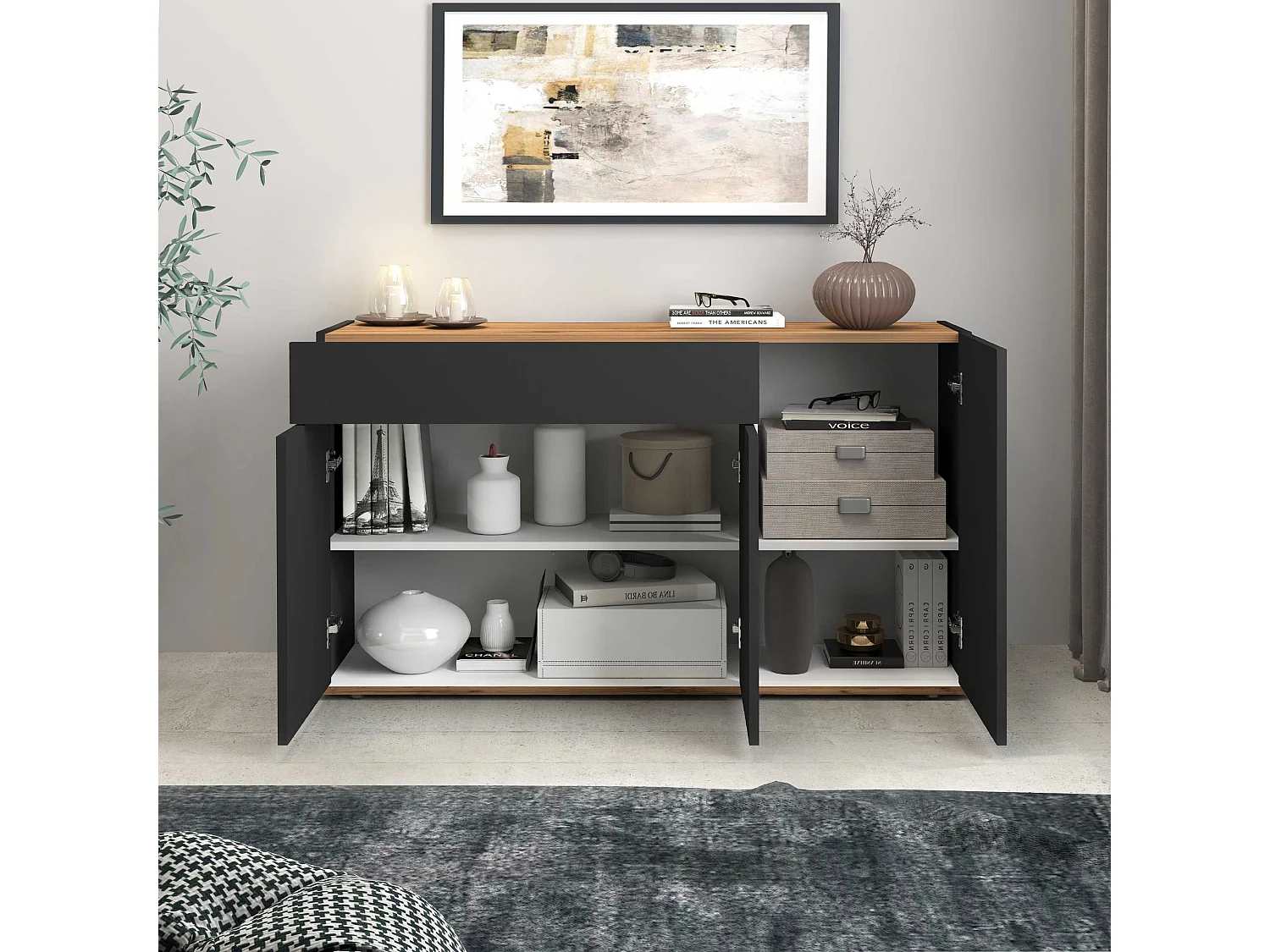 Credenza Garda 3 ante e 1 cassetto antracite opaco e rovere 120,1x35x70 cm