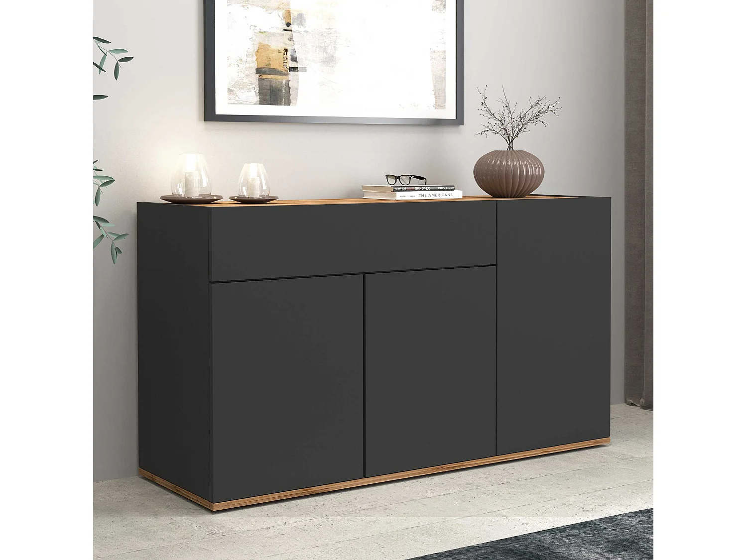 Credenza Garda 3 ante e 1 cassetto antracite opaco e rovere 120,1x35x70 cm