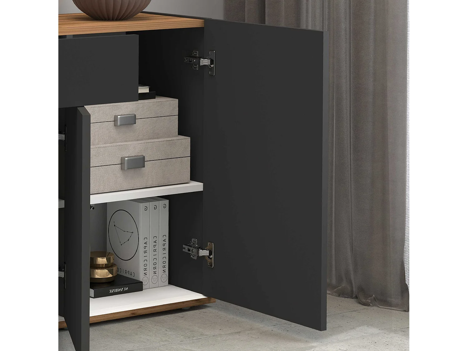 Credenza Garda 3 ante e 1 cassetto antracite opaco e rovere 120,1x35x70 cm