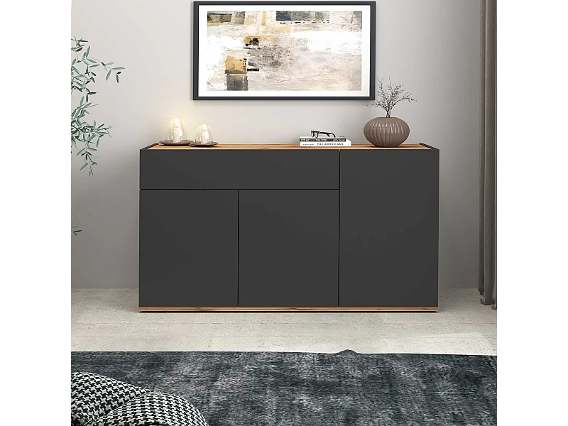 Credenza Garda 3 ante e 1 cassetto antracite opaco e rovere 120,1x35x70 cm