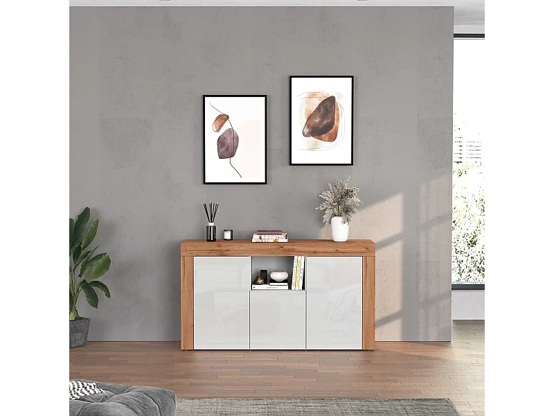 Credenza Chronos 3 ante e 1 vano bianco lucido e rovere 155x40x85 cm