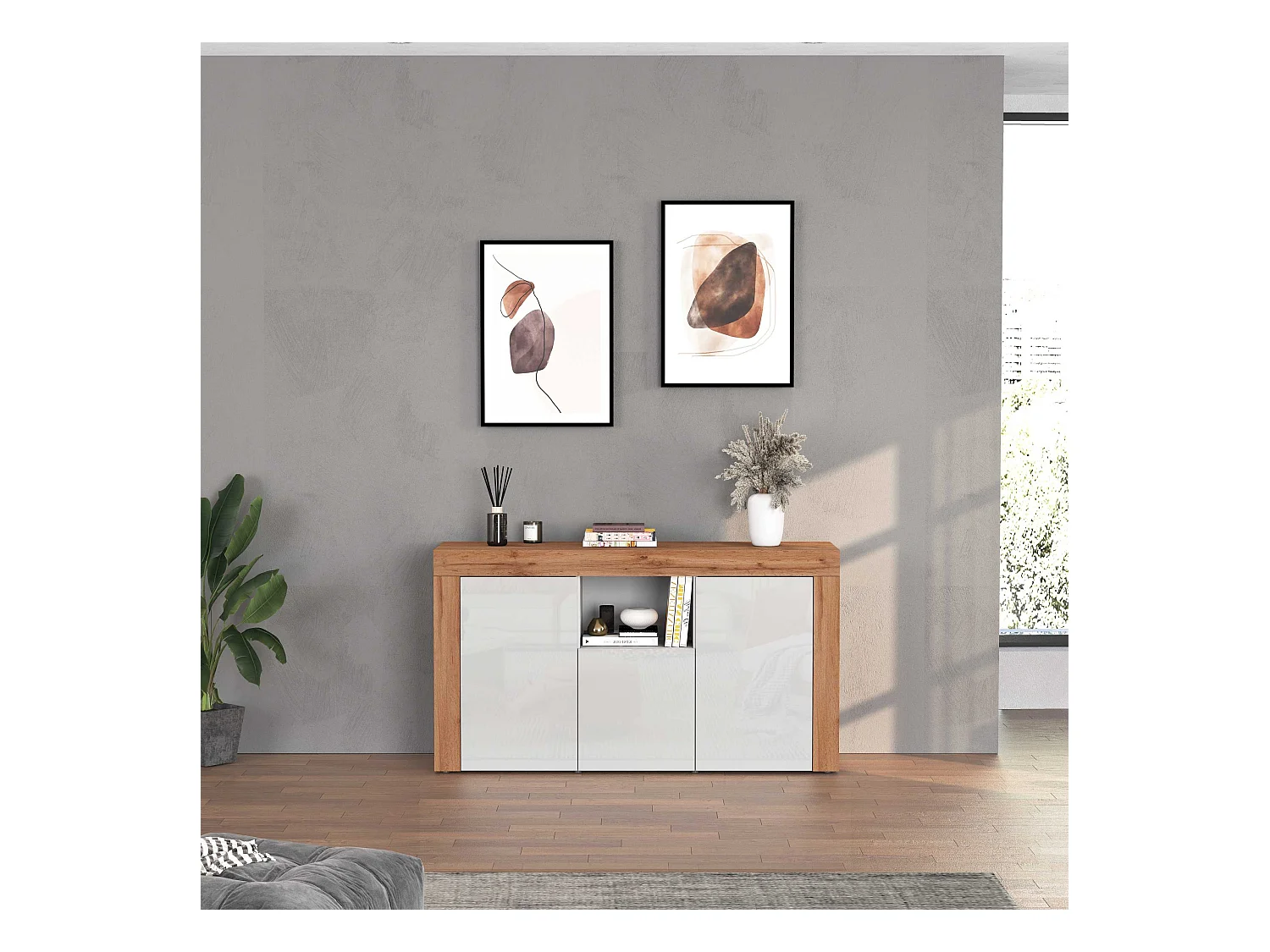 Credenza Chronos 3 ante e 1 vano bianco lucido e rovere 155x40x85 cm
