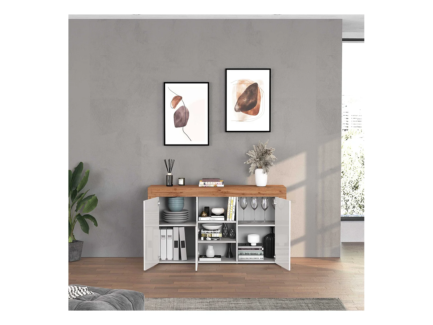 Credenza Chronos 3 ante e 1 vano bianco lucido e rovere 155x40x85 cm