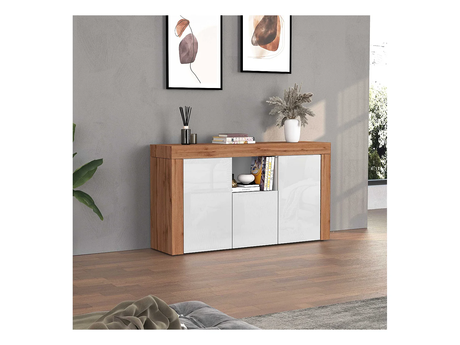 Credenza Chronos 3 ante e 1 vano bianco lucido e rovere 155x40x85 cm