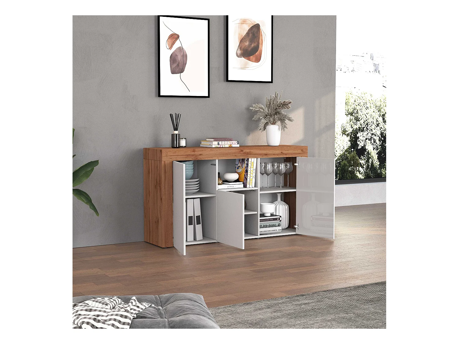 Credenza Chronos 3 ante e 1 vano bianco lucido e rovere 155x40x85 cm