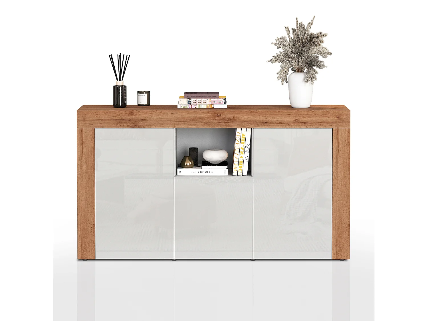 Aparador Chronos con 3 puertas y 1 compartimento blanco brillo y roble 155x40x85 cm