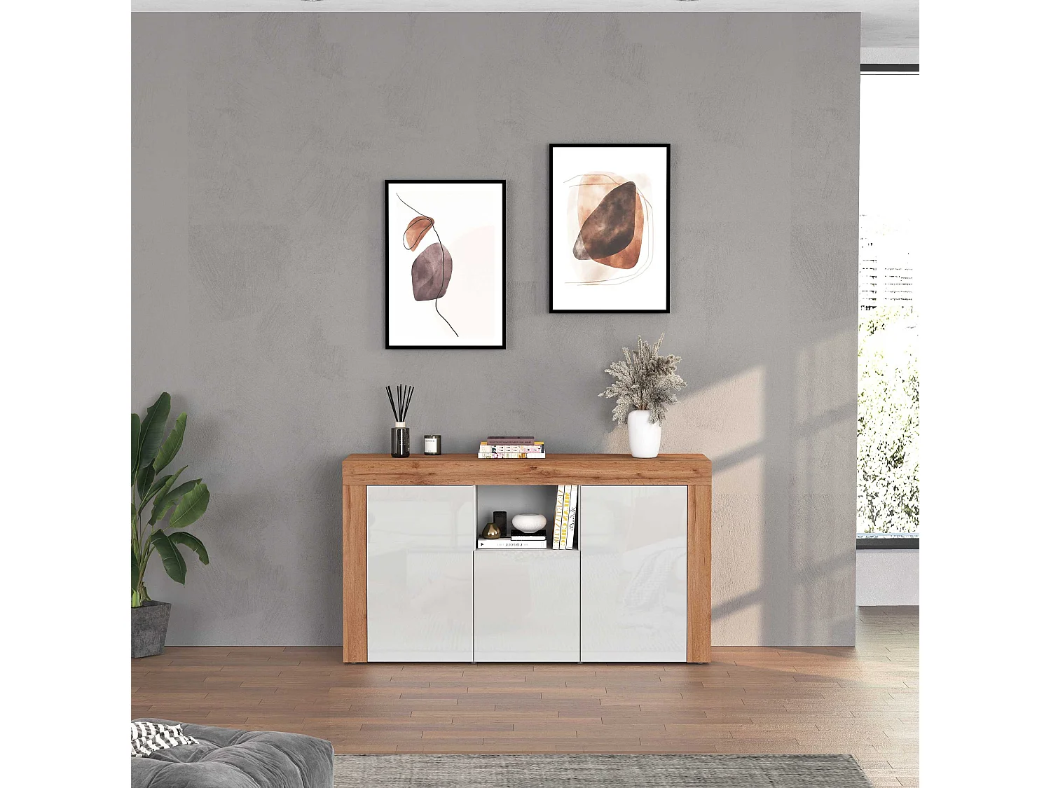 Aparador Chronos con 3 puertas y 1 compartimento blanco brillo y roble 155x40x85 cm